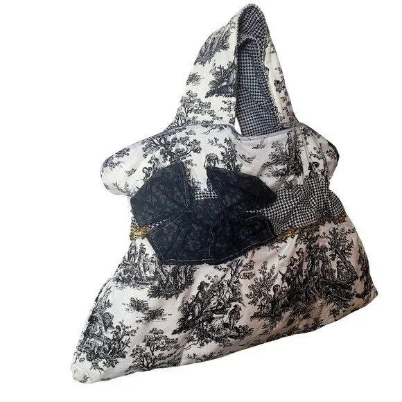 Handmade Black & White Toile & Houndstooth Tote Bag With Ruffled Detail & Gold T - Picture 11 of 15